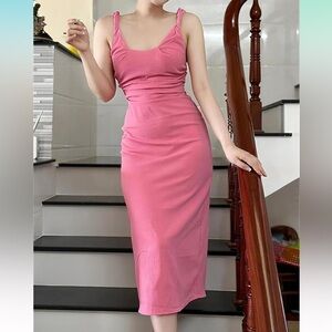 ZARA Twisted Straps Straight Cotton Dress Pink Sleeveless Round Neck Midi Sz XL